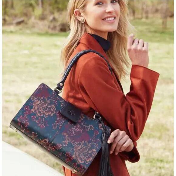 Patricia Nash Leather Rienzo Satchel Fall Tapestry Purse - Picture 1 of 9